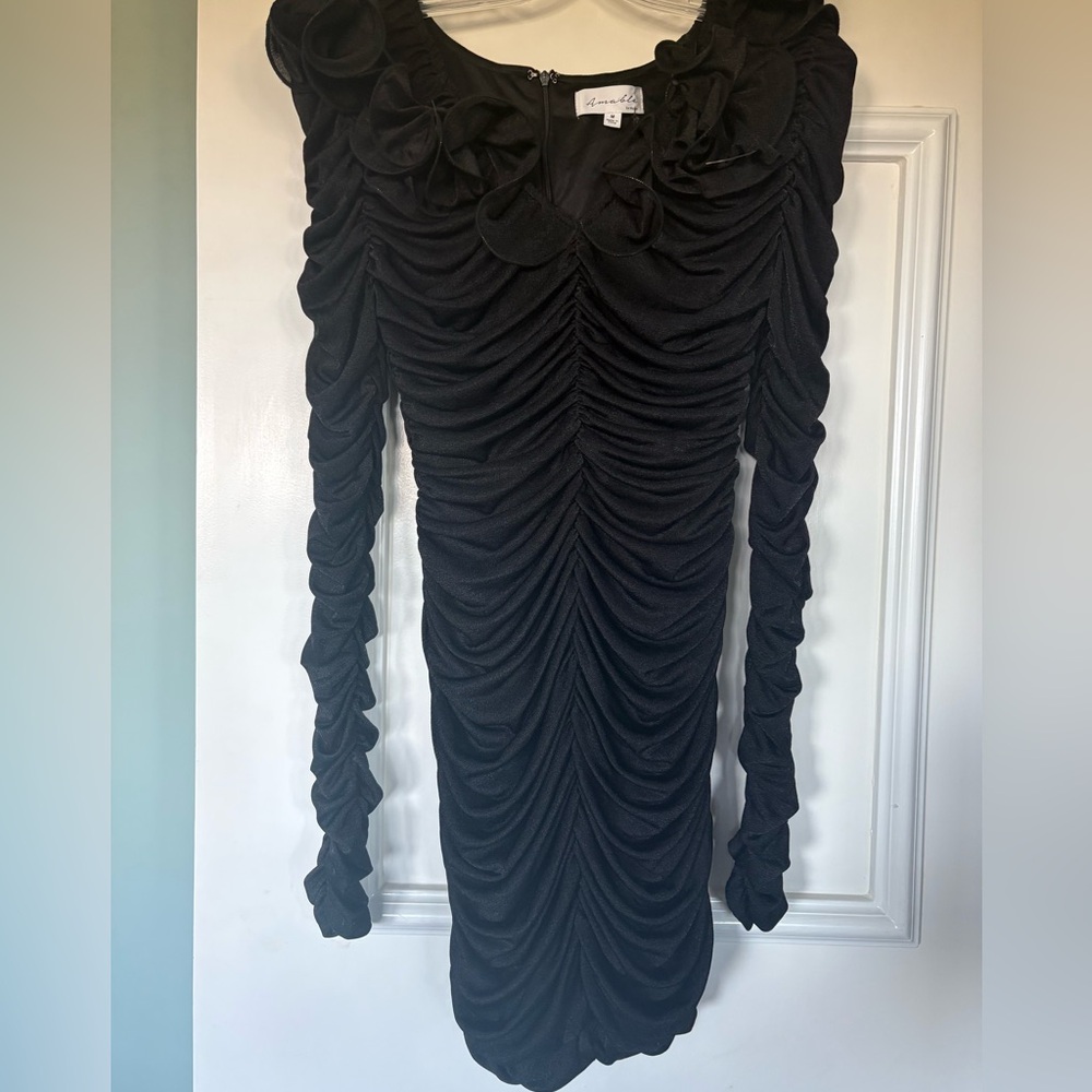 NWT Anthropologie Maeve Elegant Black Ruched Dress, medium